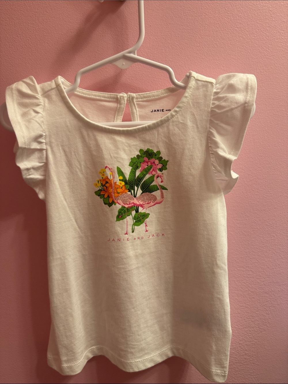 Janie and Jack White Flutter Sleeve Flamingo Tee with Tropical Print